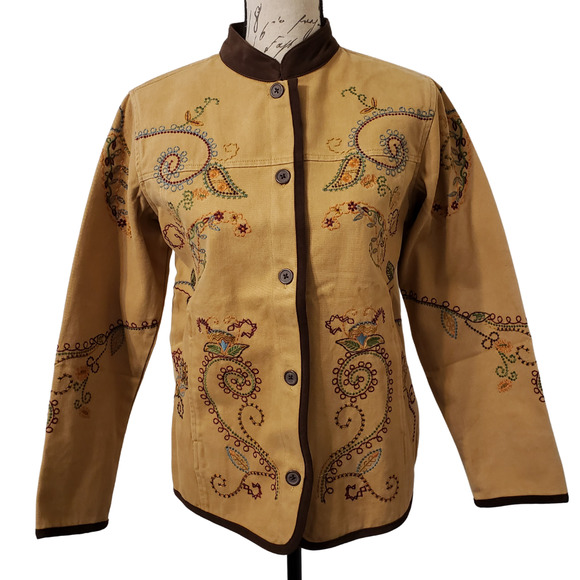 Denim&Co Jackets & Blazers - Denim & Co Size XS Button Front Lined Jacket Boho Embroidered Brushed Twill Tan
